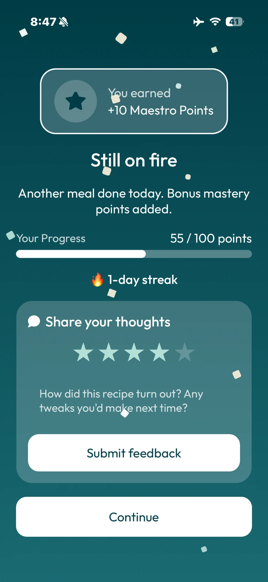 The Food Maestro meal-completion screen showing Maestro Points, progress, a cooking streak, and recipe feedback.